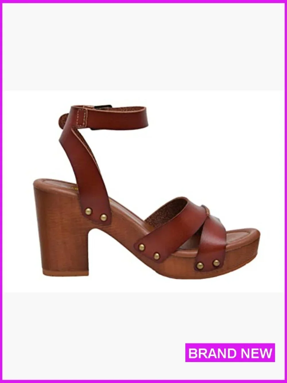Platform Wedge Sandals with Faux Wood Block Heel and Studded Straps